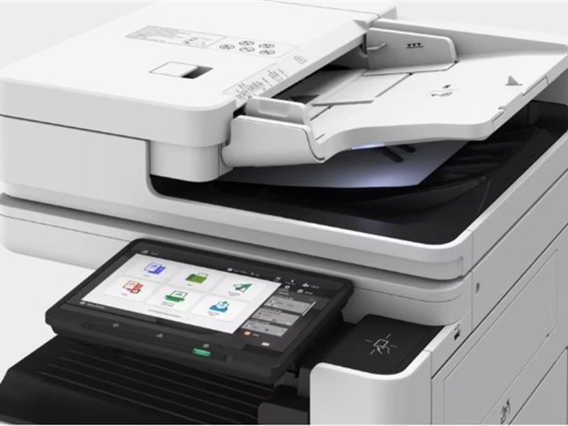 Alimentador de documentos e painel touch de multifuncional Canon, em close